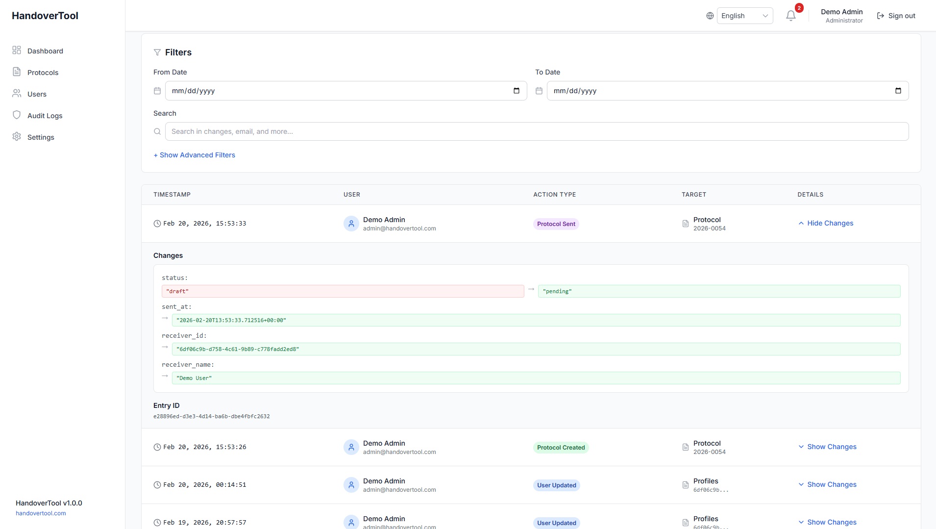 HandoverTool audit logs and compliance interface for asset handover workflows