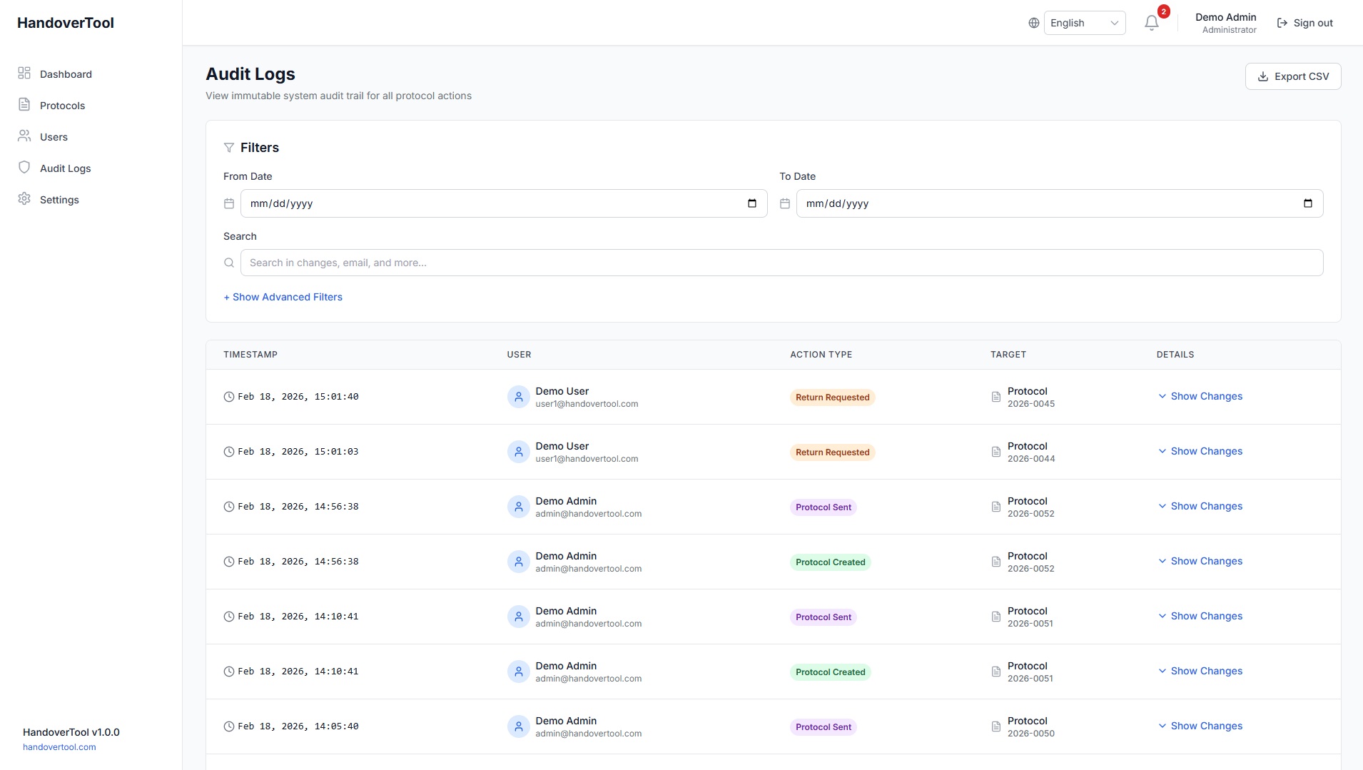Detailed audit log tracking user activity and immutable record history for compliance