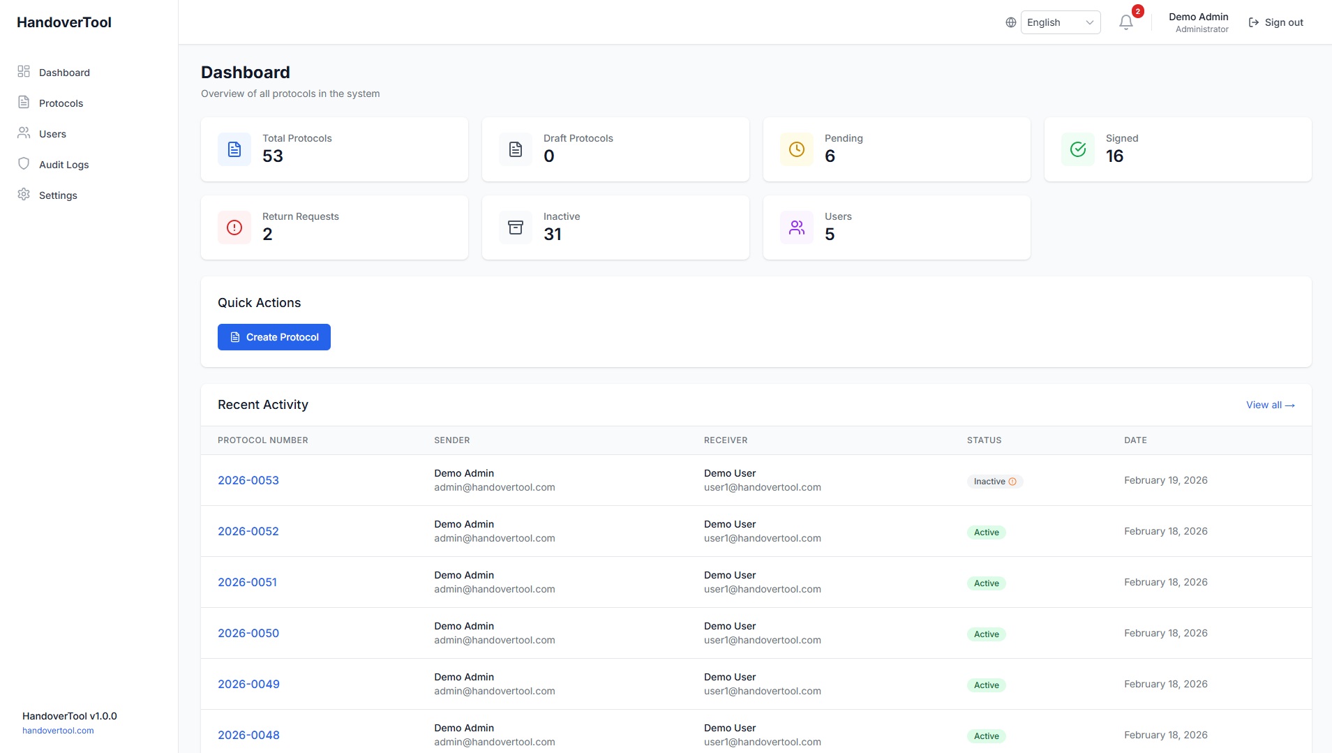 HandoverTool Main Dashboard - Centralized view for electronic handover protocols