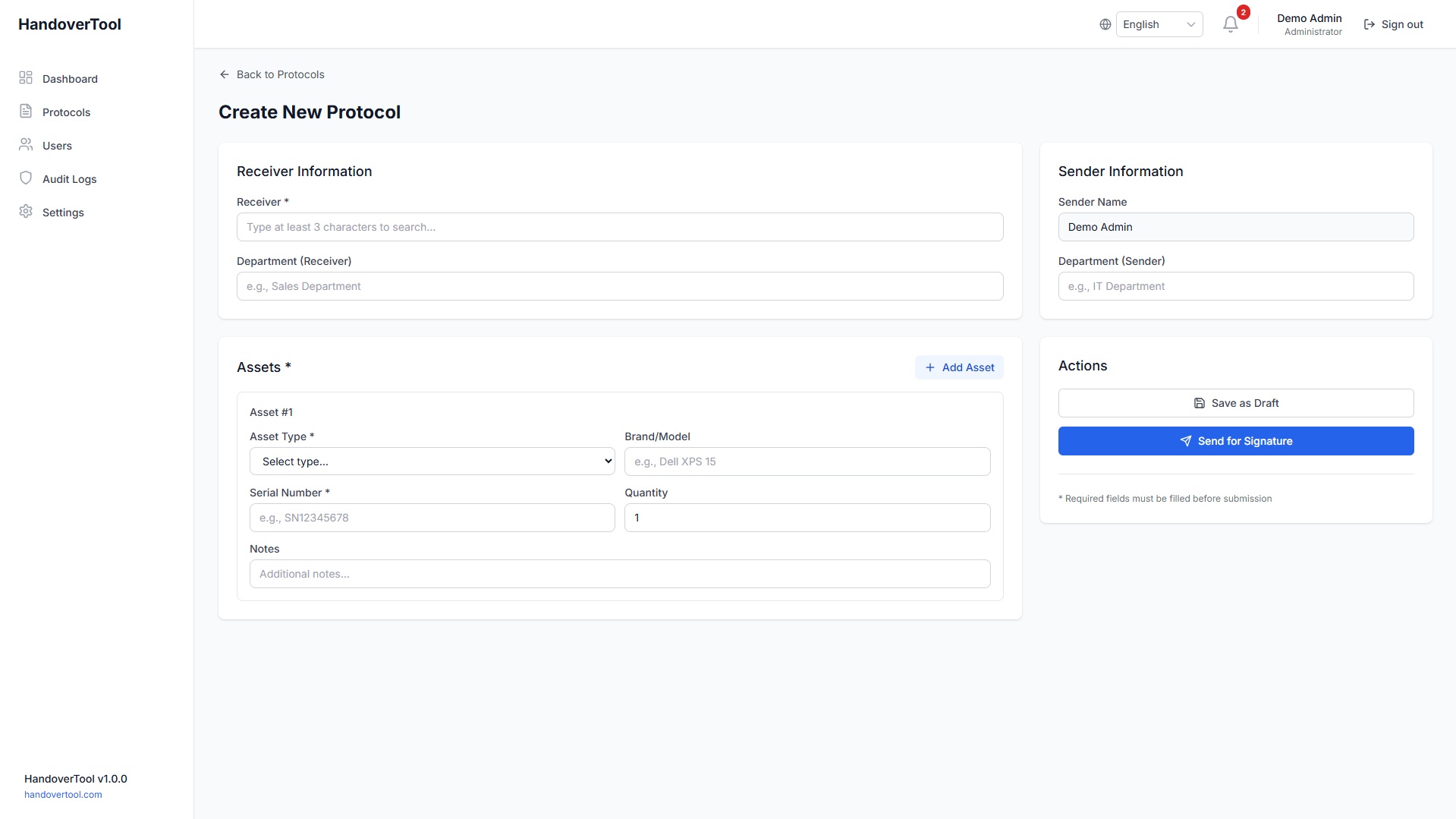 Digital Protocol Editor - Creating legally-auditable asset transfer documents