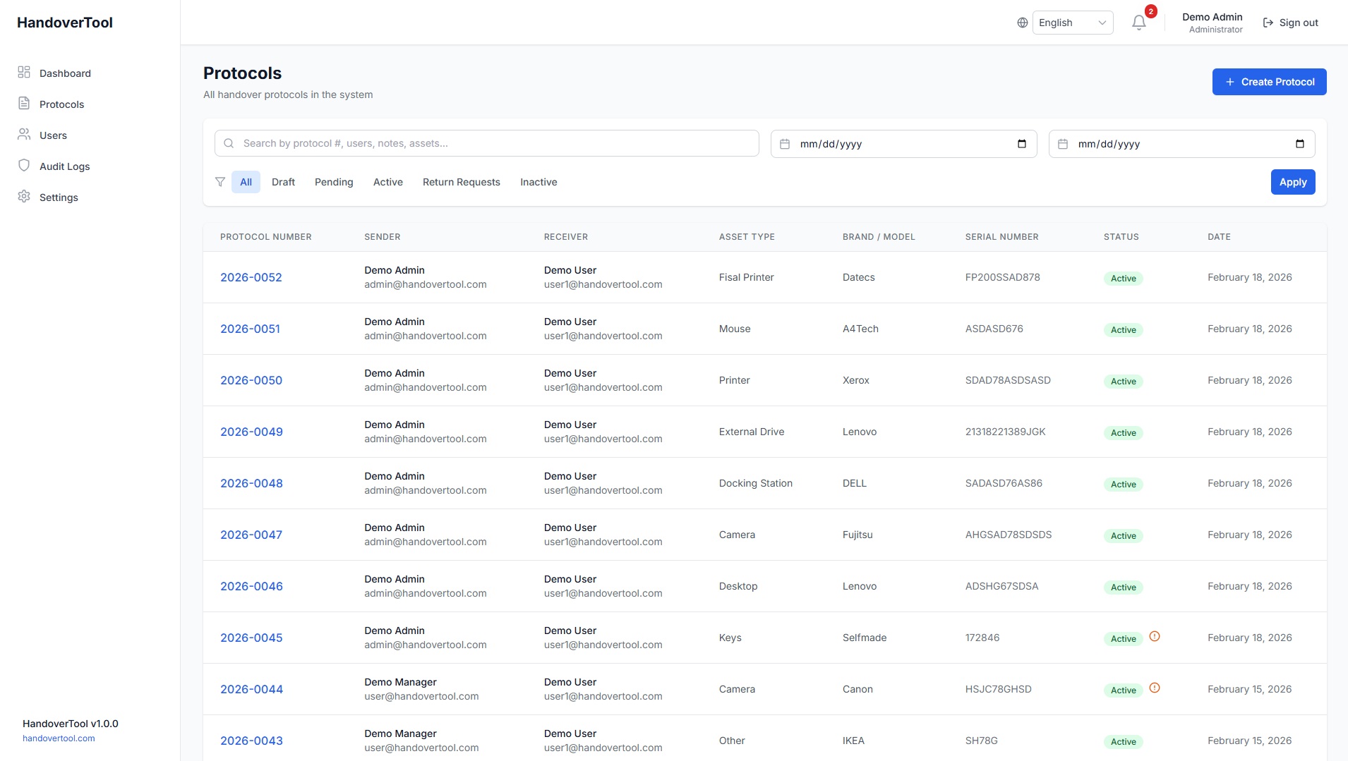 Advanced search and filtering for equipment protocols by serial number and employee